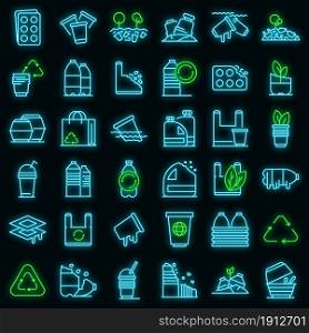 Biodegradable plastic icons set. Outline set of biodegradable plastic vector icons neon color on black. Biodegradable plastic icons set vector neon