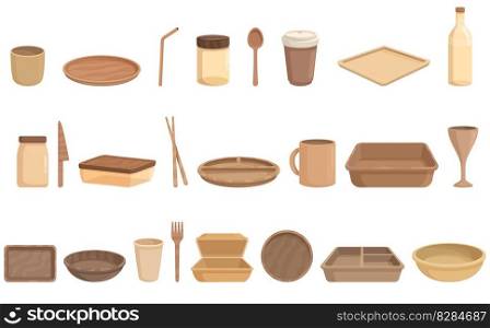 Biodegradable tableware icons set cartoon vector. Food paper. Party plate. Biodegradable tableware icons set cartoon vector. Food paper