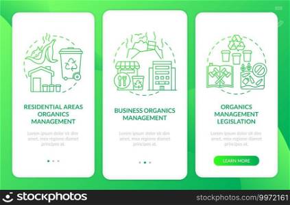 Biodegradable waste diversion onboarding mobile app page screen with concepts. Residential areas management walkthrough 3 steps graphic instructions. UI vector template with RGB color illustrations. Biodegradable waste diversion onboarding mobile app page screen with concepts