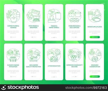 Biodegradable waste reducing onboarding mobile app page screen with concepts set. Welfare, conservation waste walkthrough 5 steps graphic instructions. UI vector template with RGB color illustrations. Biodegradable waste reducing onboarding mobile app page screen with concepts set
