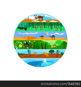 Biodiversity 2D vector web banner, poster. Worldwide wildlife. Global nature variety flat scenery on cartoon background. Terrestrial and marine ecosystem printable patch, colorful web element. Biodiversity 2D vector web banner, poster