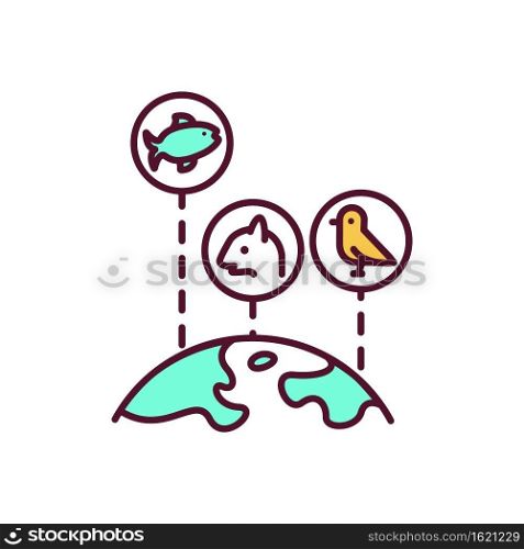 Biodiversity RGB color icon. Wildlife conservation. Global ecosystem protection. Worldwide environment. Animal extinction danger. Sustainability to save nature. Isolated vector illustration. Biodiversity RGB color icon