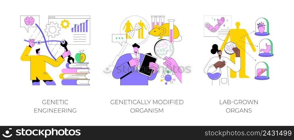 Bioengineering abstract concept vector illustration set. Genetic engineering, genetically modified organism, lab-grown organs, dna manipulation, stem cells, transplantation abstract metaphor.. Bioengineering abstract concept vector illustrations.