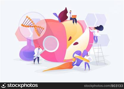 Bioengineering, biotechnology. Food additives. Genetic engineering. Genetically modified foods, GM foods, genetically engineered foods concept. Vector isolated concept creative illustration. Genetically modified foods concept vector illustration