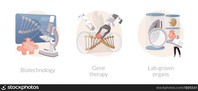 Bioengineering industry abstract concept vector illustration set. Biotechnology, gene therapy, lab-grown organs, stem cells, laboratory research, genetic cancer treatment abstract metaphor.. Bioengineering industry abstract concept vector illustrations.