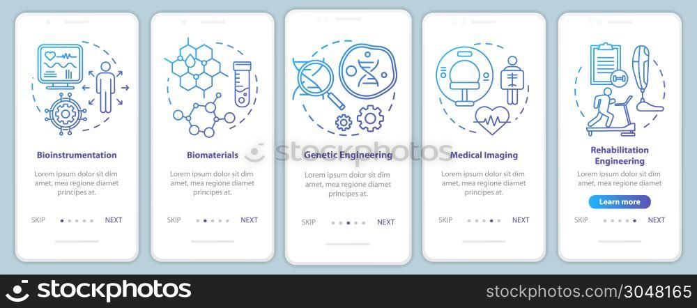 Bioengineering onboarding mobile app page screen vector template. Medical imaging. Bioinstrumentation. Walkthrough website steps with linear illustrations. UX, UI, GUI smartphone interface concept