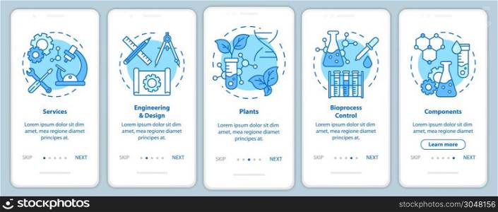 Bioengineering onboarding mobile app page screen with linear concepts. Five walkthrough steps graphic instructions. Services and plants, components. UX, UI, GUI vector template with illustrations