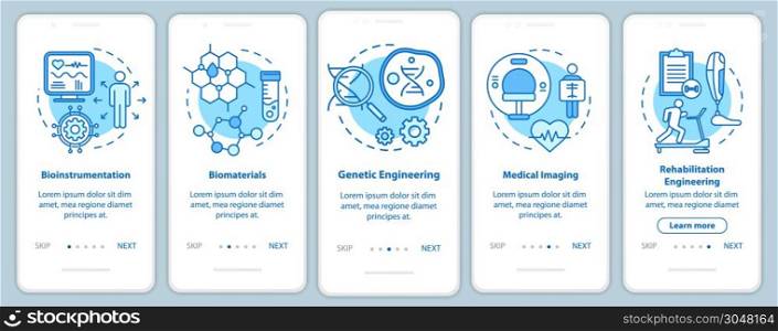 Bioengineering onboarding mobile app page screen with linear concepts. Medical imaging. Five walkthrough steps graphic instructions. Bioinstrumentation. UX, UI, GUI vector template with illustrations