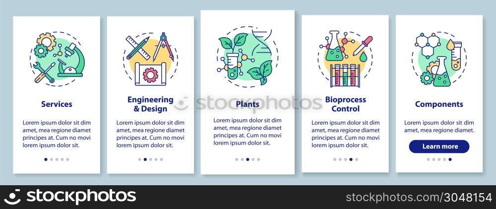 Bioengineering onboarding mobile app page screen with linear concepts. Services and plants, components. Five walkthrough steps graphic instructions. UX, UI, GUI vector template with illustrations