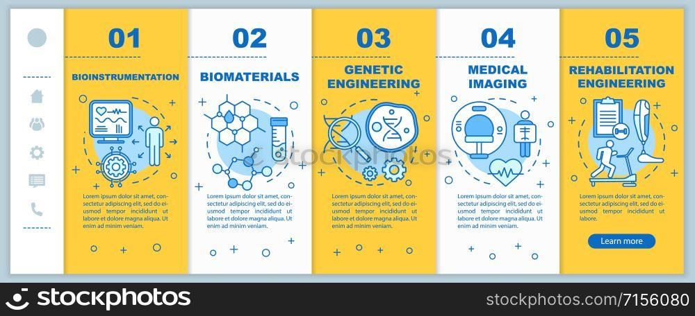Bioengineering onboarding mobile web pages vector template. Medical imaging. Responsive smartphone website interface idea with linear illustrations. Webpage walkthrough step screens. Color concept