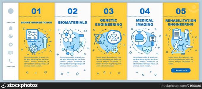Bioengineering onboarding mobile web pages vector template. Medical imaging. Responsive smartphone website interface idea with linear illustrations. Webpage walkthrough step screens. Color concept