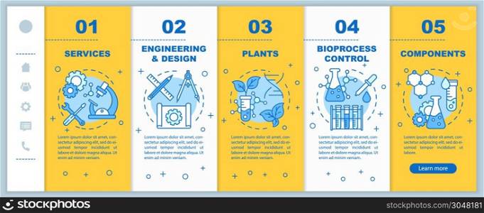 Bioengineering onboarding mobile web pages vector template. Services and plants. Responsive smartphone website interface idea with linear illustrations. Webpage walkthrough step screens. Color concept