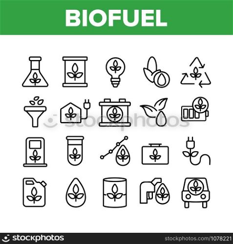 Biofuel Eco Energy Collection Icons Set Vector Thin Line. Rechargeable Battery Power, Electric Biofuel Car And Recycling Light Bulb Concept Linear Pictograms. Monochrome Contour Illustrations. Biofuel Eco Energy Collection Icons Set Vector
