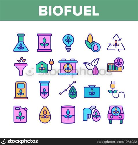 Biofuel Eco Energy Collection Icons Set Vector Thin Line. Rechargeable Battery Power, Electric Biofuel Car And Recycling Light Bulb Concept Linear Pictograms. Color Contour Illustrations. Biofuel Eco Energy Collection Icons Set Vector
