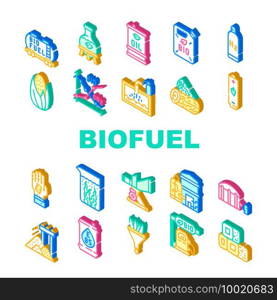 Biofuel Green Energy Collection Icons Set Vector. Biofuel Railway Carriage And Canister, Oil Barrel And Laboratory Flask, Bio Fuel Factory Sign Color Illustrations. Biofuel Green Energy Collection Icons Set Vector