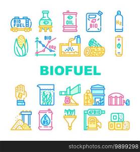Biofuel Green Energy Collection Icons Set Vector. Biofuel Railway Carriage And Canister, Oil Barrel And Laboratory Flask, Bio Fuel Factory Concept Linear Pictograms. Contour Color Illustrations. Biofuel Green Energy Collection Icons Set Vector