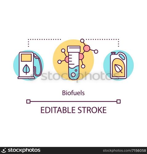 Biofuels concept icon. Renewable energy. Bioengineering. Ethanol fuel. Biodiesel production and sale. Chemical engineering idea thin line illustration. Vector isolated outline drawing. Editable stroke