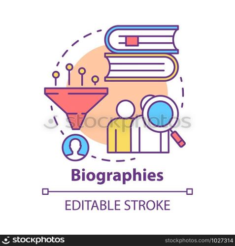 Biographies concept icon. Life history idea thin line illustration. Stories about famous people. Facts about historic personalities. Personal data. Vector isolated outline drawing. Editable stroke