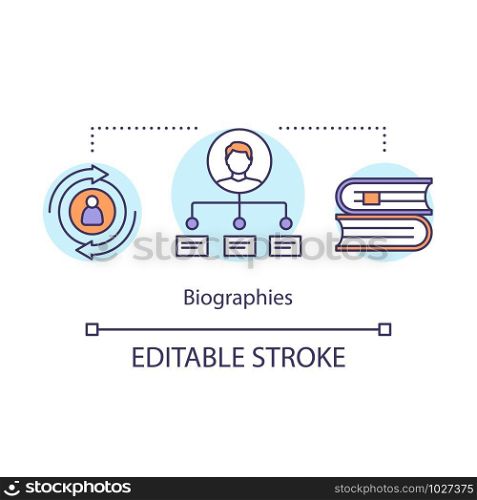 Biographies concept icon. Memoir idea thin line illustration. Life history written in book. Personal life information, literature genre. Vector isolated outline drawing. Editable stroke