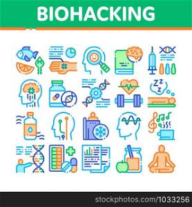 Biohacking Collection Elements Icons Set Vector Thin Line. Meditation And Brain, Dna And Helix, Genetic And Drugs Biohacking Concept Linear Pictograms. Monochrome Contour Illustrations. Biohacking Collection Elements Icons Set Vector