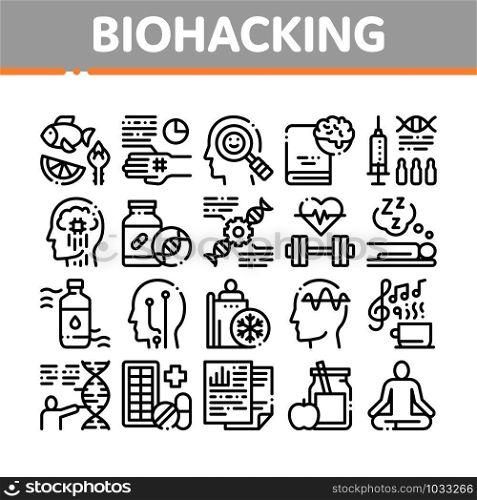Biohacking Collection Elements Icons Set Vector Thin Line. Meditation And Brain, Dna And Helix, Genetic And Drugs Biohacking Concept Linear Pictograms. Monochrome Contour Illustrations. Biohacking Collection Elements Icons Set Vector