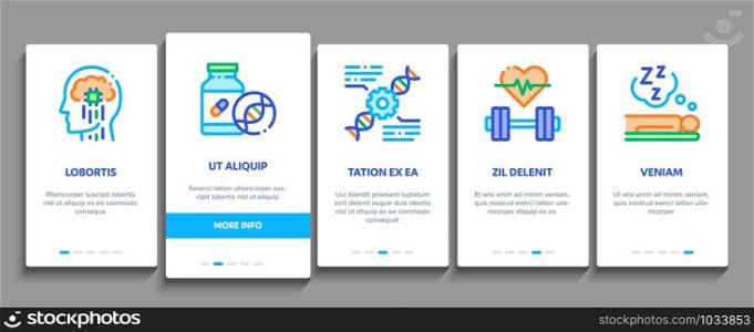Biohacking Onboarding Mobile App Page Screen Vector Thin Line. Meditation And Brain, Dna And Helix, Genetic And Drugs Biohacking Concept Linear Pictograms. Contour Illustrations. Biohacking Onboarding Elements Icons Set Vector