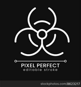 Biohazard pixel perfect white linear icon for dark theme. Warning sign. Biological threat. Medical waste. Thin line illustration. Isolated symbol for night mode. Editable stroke. Poppins font used. Biohazard pixel perfect white linear icon for dark theme