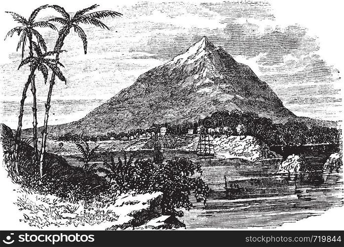 Bioko Island or Fernando Po Island in the Republic of Equatorial Guinea, during the 1890s, vintage engraving. Old engraved illustration of Bioko Island or Fernando Po Island.