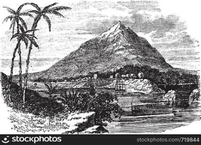 Bioko Island or Fernando Po Island in the Republic of Equatorial Guinea, during the 1890s, vintage engraving. Old engraved illustration of Bioko Island or Fernando Po Island.
