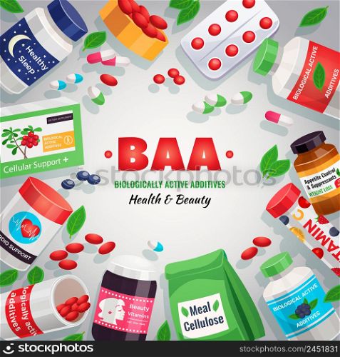 Biological active additives colorful background framing of blister packs and jars with medication for health and beauty vector illustration. Biologically Active Additives Background