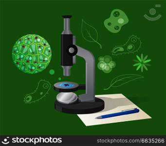 Biological examination isolated vector illustration on green background. Cartoon style microscope and ballpoint pen on white sheet of paper. Biological Examination Cartoon Style Illustration