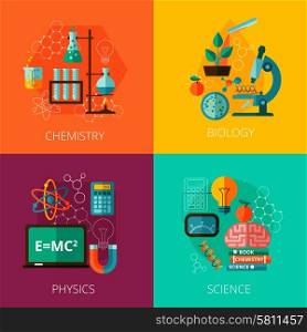 Biological physics laboratory and chemistry scientific education concept 4 flat icons composition print abstract isolated vector illustration. Science concept 4 flat icon composition icons