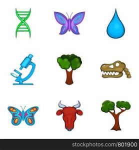 Biological research icons set. Cartoon set of 9 biological research vector icons for web isolated on white background. Biological research icons set, cartoon style