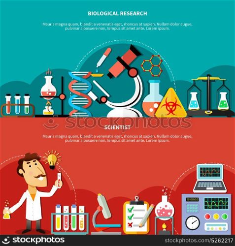 Biological Science Concept. Gorizontal banners concept set of biological and sciences research and chemical experiments flat vector illustration
