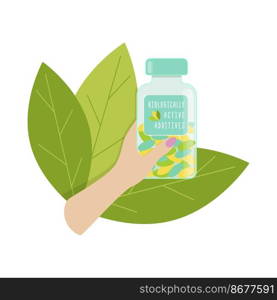 Biologically active additives female hand holds  bottle with dietary supplements, with green leaves.