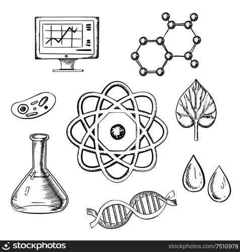 Biology and chemistry sketch icons with fresh leaf surrounded by round icons depicting insects, microscope, computer, water, chemical analysis, atoms for physics and DNA for genetics, vector. Biology and chemistry sketch icons