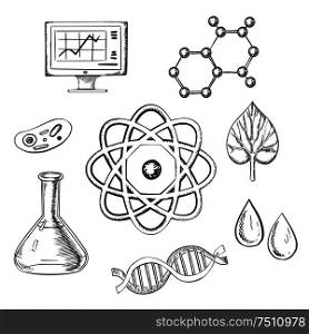 Biology and chemistry sketch icons with fresh leaf surrounded by round icons depicting insects, microscope, computer, water, chemical analysis, atoms for physics and DNA for genetics, vector. Biology and chemistry sketch icons