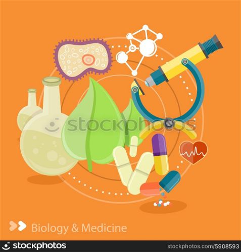 Biology and medicine. Science and technology concepts. Laboratory workspace and workplace concept. Chemistry, physics, biology. Concept in flat design cartoon style on stylish background