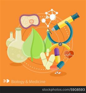 Biology and medicine. Science and technology concepts. Laboratory workspace and workplace concept. Chemistry, physics, biology. Concept in flat design cartoon style on stylish background