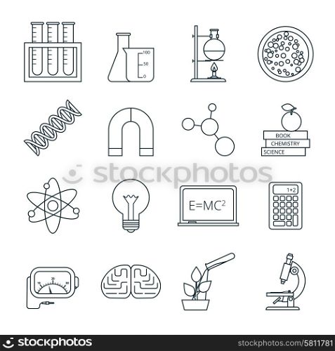 Biology chemistry experimental science lab research outlined icons set with molecule atom model abstract isolated vector illustration. Science icons outlined icons set
