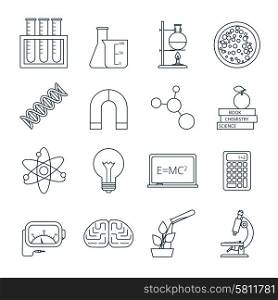 Biology chemistry experimental science lab research outlined icons set with molecule atom model abstract isolated vector illustration. Science icons outlined icons set