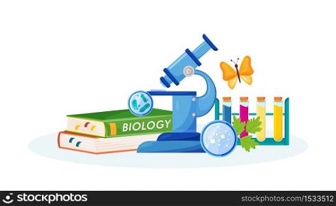 Biology flat concept vector illustration. School subject. Lab analysis. Natural science metaphor. Practical class. University course. Student textbook and laboratory items 2D cartoon objects. Biology flat concept vector illustration