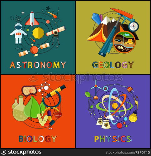 Biology lab and workplace concept. Space and astronomy equipment. Pick, compass and geology tools, atoms and lights, radioactive and air energy vector. Astronomy, Physics, Geology, Biology Graphics