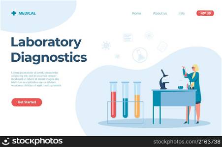 Biology laboratory diagnostics by doctor landing page. Vector medical science research illustration, medicine technology. Biology laboratory diagnostics by doctor landing page