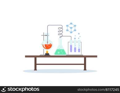 Biology Laboratory Workspace and Science Equipment. Biology laboratory workspace and science equipment concept. Medical laboratory. Chemistry laboratory workspace and science equipment concept. Laboratory research. Flat design vector illustration