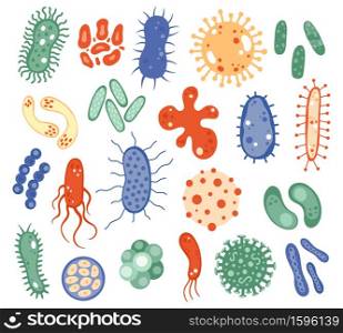 Biology microorganisms. Biological virus, bacteria, disease microbes, infection germ and infectious agent. Microorganism cells vector symbols. Microscopic bacillus, pandemic influenza. Biology microorganisms. Biological virus, bacteria, disease microbes, infection germ and infectious agent. Microorganism cells vector symbols