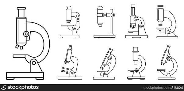 Biology microscope icon set. Outline set of biology microscope vector icons for web design isolated on white background. Biology microscope icon set, outline style