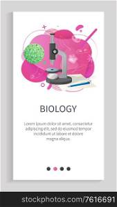 Biology subject in school vector, university discipline microscope studying bacteria and small microelements and microorganisms application slider. Website slider app template, landing page flat style. Biology Microscope and Bacteria Study Website