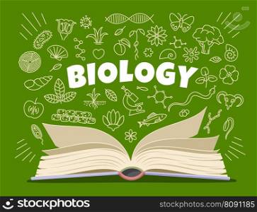 Biology textbook, symbols and icons on school board. Vector science and education background with sketch chalk DNA, plant molecule and chromosome, cell theory, microscope and open book on blackboard. Biology textbook, symbols, icons on school board