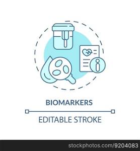 Biomarkers turquoise concept icon. Measurable indicators of disease. Patient examination. Precision medicine factor abstract idea thin line illustration. Isolated outline drawing. Editable stroke. Biomarkers turquoise concept icon